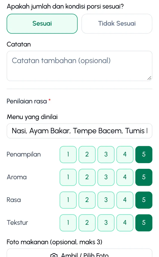 Formulir penerimaan porsi dan penilaian rasa yang diisi pihak sekolah lewat kode QR